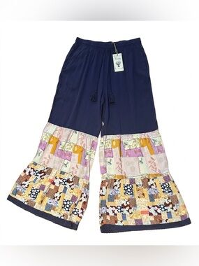 Easel Los Angeles Boho Blue Floral Patchwork Palazzo Wide Leg Pants Size Large
